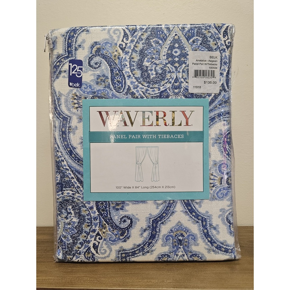 Waverly Anatalya Aegean Paisley Curtain Panel Pair Tiebacks Blue White 100x84